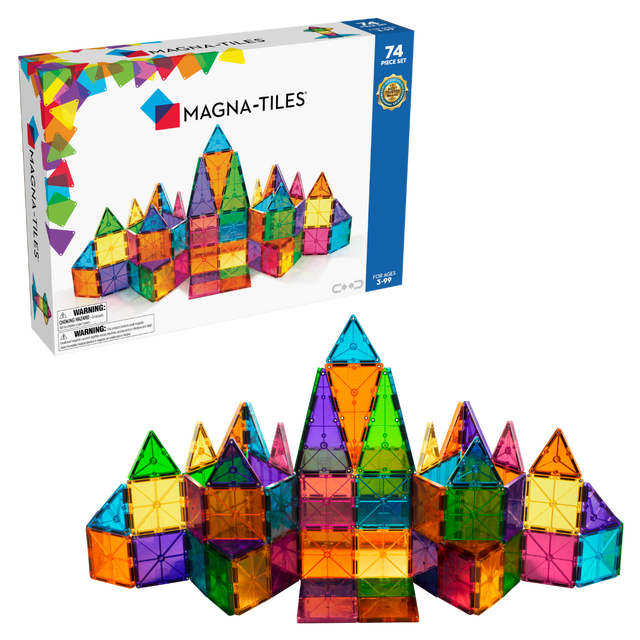 MAGNA-TILES Classic 74-Piece Magnetic Construction Set, the original magnetic building brand, featuring vibrant geometric shapes in six classic colors. Includes 40 squares, 6 large squares, and 28 triangles (equilateral, right, and isosceles). Displayed with colorful structures built from the tiles, showcasing its versatility as a magnetic blocks building set. Certified STEAM toy for ages 3 and up, promoting creativity, fine motor skills, and cognitive development.