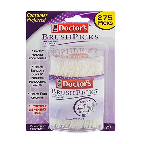 The Doctor's BrushPicks Interdental Toothpicks, 275 picks, in a portable dispensing case. The packaging highlights features such as safe removal of food debris, gum stimulation for periodontal health, and gingivitis prevention. The product is consumer-preferred and clinically proven.