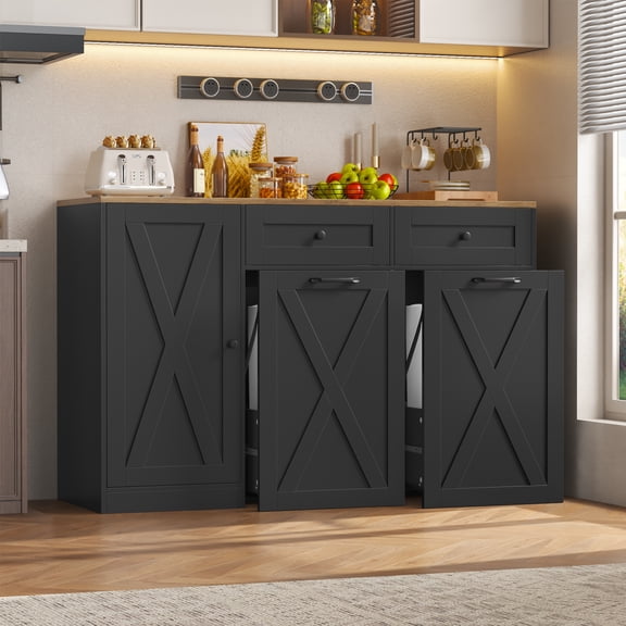 Homfa Crédence Buffet de Cuisine de 47,2 Po L, Armoires pour Poubelle Adaptées à une Poubelle de 12,5 Gallons, Armoire de Rangement Buffet en Bois à 2 Tiroirs avec Tablette Ajustable, Noir