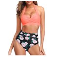 thumbnail image 1 of Women Vintage Swimsuit Two Piece Retro Halter Ruched High Waist Print Bikini Set, 1 of 9