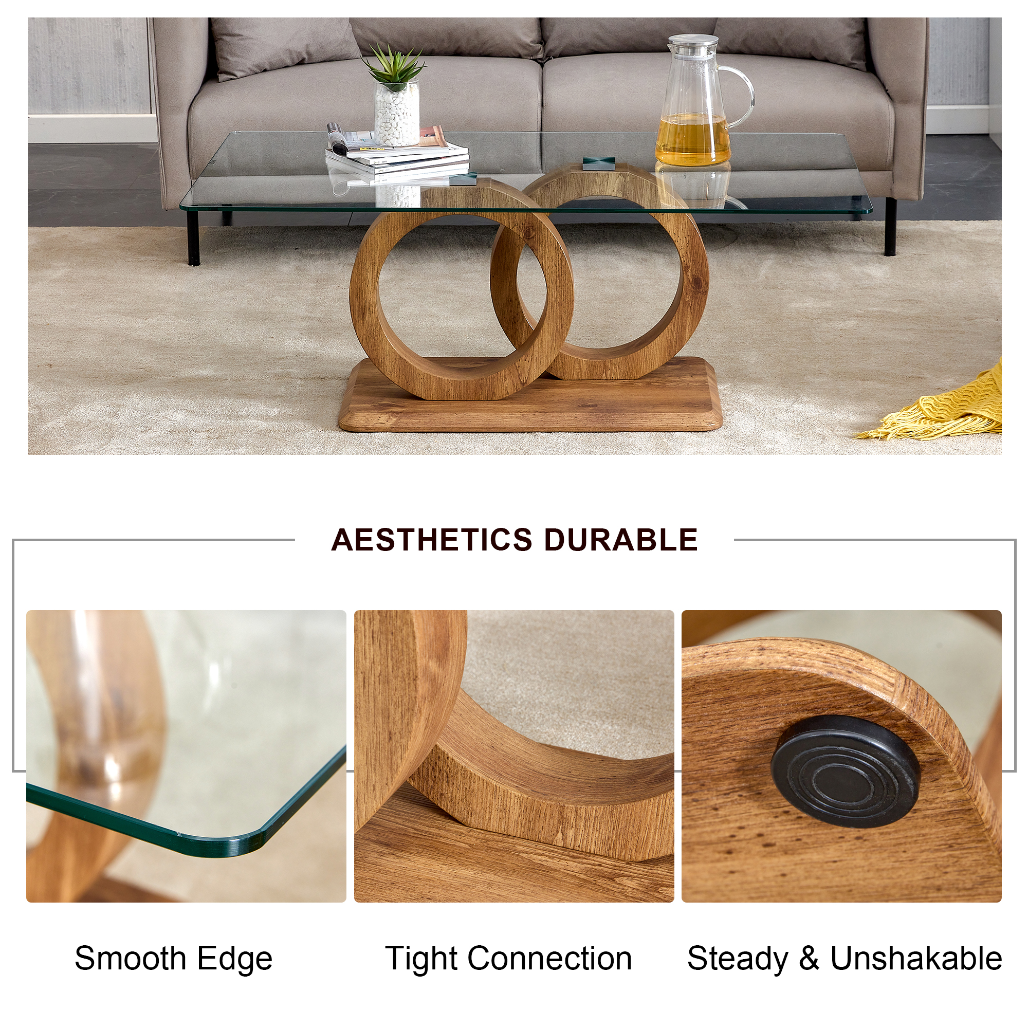 Table basse Noble House en forme de O à double anneau entrelacé, piètement en MDF grain de bois, naturel