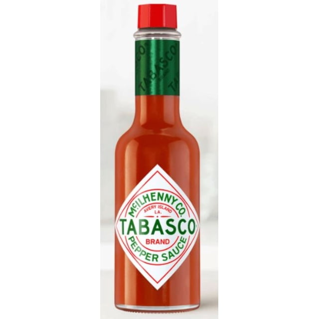 Tabasco® Original Pepper Sauce, 142ml bottle of red hot sauce with a white diamond label showing McIlhenny Co. Avery Island L.A. Tabasco Brand Pepper Sauce in green and red text, sealed with a red cap and green neck wrap, a versatile condiment ideal for adding heat and flavor to Mexican food, soups, eggs, and pizza.