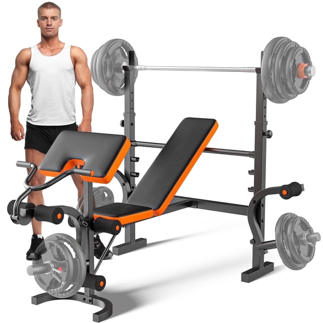 GIKPAL 6-in-1 Multi-Purpose Adjustable Weight Bench Workout Bench Set with Barbell Rack and Leg Developer for Home Gym. The bench features a black and orange design with a durable carbon steel frame, adjustable backrest, preacher curl pad, butterfly arm, and leg developer. It supports up to 660 lbs for the bench and 990 lbs for the barbell rack. The set includes anti-slip PVC leather cushions, NBR soft foot pads, and a stable 'U' steel pole design. Barbell and weight plates are not included.