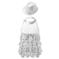 thumbnail image 2 of Eandarui Justaucorps-Robe de Danse à Paillettes pour Filles, Col Licou, avec Chapeau, Costume de Performance Salsa Samba Rumba Jazz Argent 4, 2 of 5