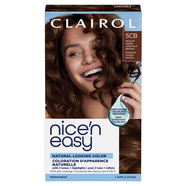 Clairol Nice'n Easy Permanent Hair Dye box-front kit shot showing the permanent color creme tube, color-activating lotion, ColorSeal conditioner sachet and gloves, plus a hair swatch showing the 3-tone blend and 100% gray coverage, non-drip formula and floral scent; often used to refresh synthetic wigs for theatre.