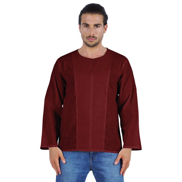 Atasi Kurta à Manches Longues pour Hommes en Coton Slub Uni à Col Rond Chemise Ethnique-6218