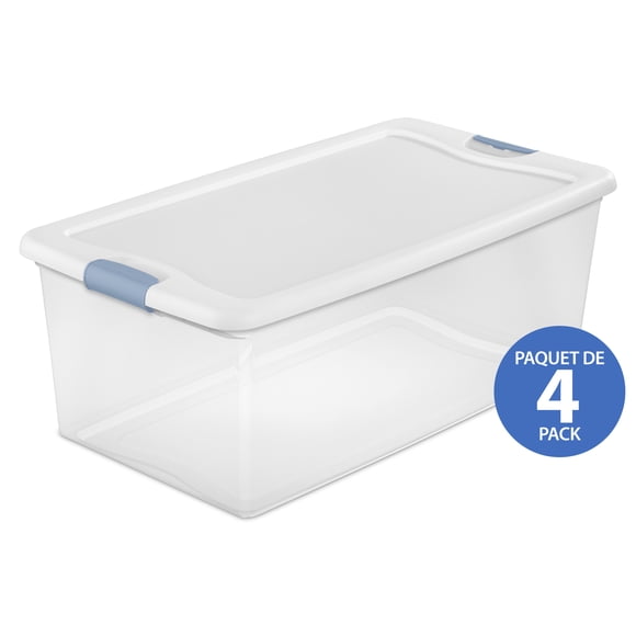 Sterilite 100 L Latching Box, Large Clear Plastic Storage Bin with Lid and Light Blue Latch, 4 Pk