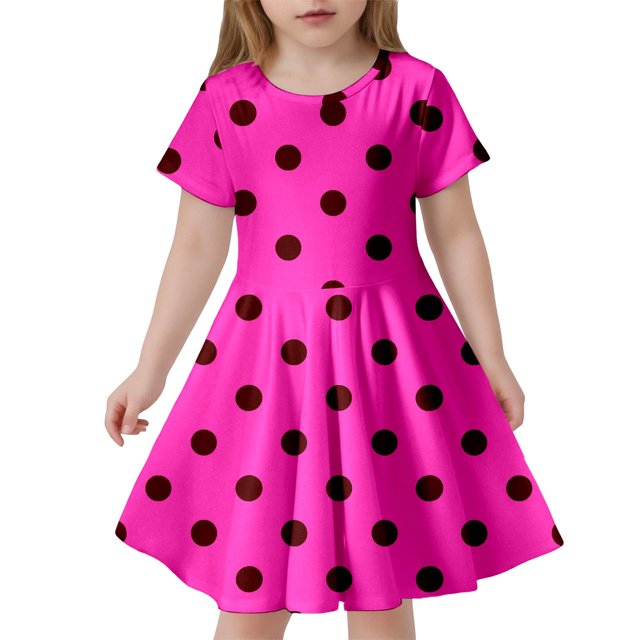 Robe Fille Enfant Filles Été Imprimé à Pois Ajustée Douce Respirante à Manches Courtes Robe Décontractée Robe Bébé Rose Vif 6 Ans-7 Ans