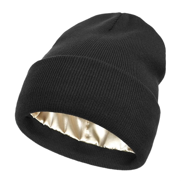 Satin Lined Beanie For Women Knit Satin Lined Winter Hats For Women Silk Lined Beanie Cap Warm Beanie Hat Berets Hat for women Black