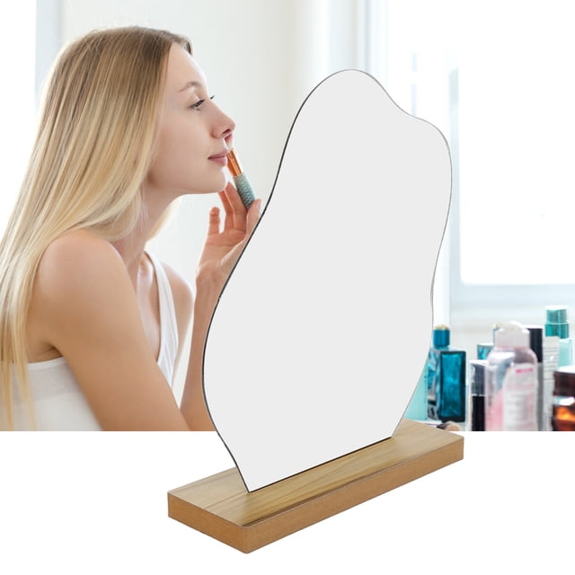 Acrylic Desktop Makeup Mirror, Irregular Durable Acrylic Mirror Lightweight Portable Aesthetic Easy Installation with Wooden Base for Home