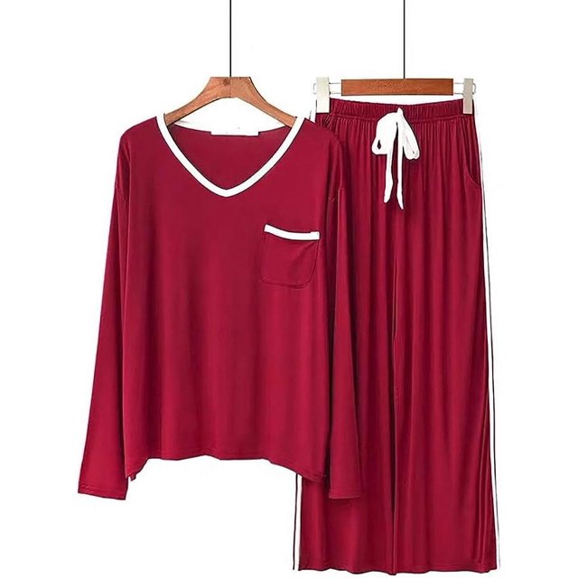 Crescentt Pyjama de Luxe en Modal Respirant et Confortable Ensemble de Pyjama Ultra-Doux pour Femmes Classique en Modal à Manches Longues - Rouge et Blanc, Moyen