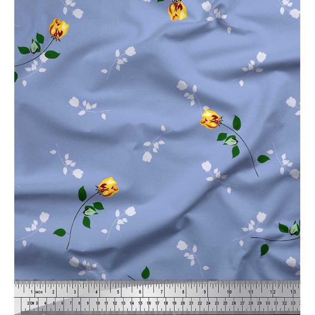 Soimoi Tissu Poly Georgette Feuilles et Imprimés de Fleurs de Rose au Mètre 42 Pouces de Large