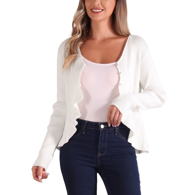 INSPIRE CHIC Long Sleeve Shrug for Women's Buttons Ruffle V Neck Sweater Cardigan S White