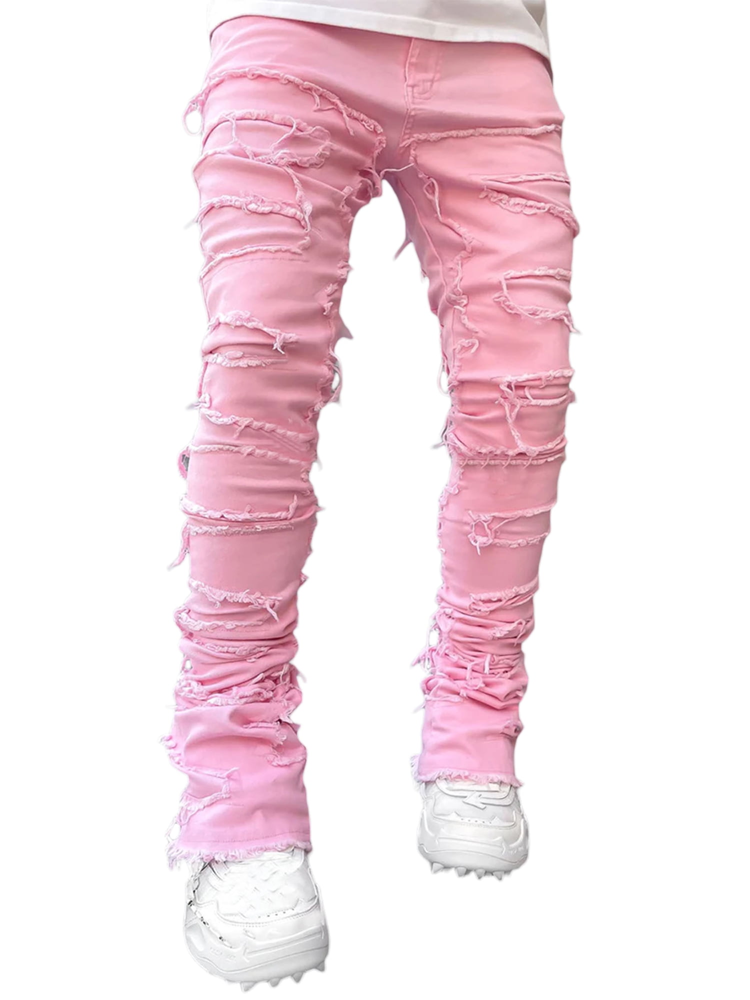 Fortune Men's Straight Leg Jeans Stacked Denim Jeans Ripped Distressed Destroyed Biker Jean Washed Denim Pants Streetwear Clothes