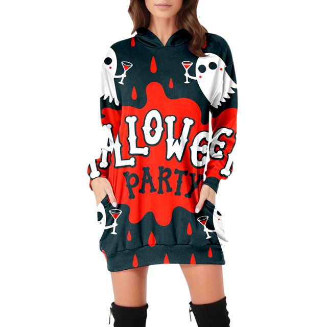TJAZFJPA Robes Asymétriques pour Femmes Robe Convenant aux Femmes Robe à Imprimé Vintage Chandails à Capuchon à Manches Longues Robes Midi à Manches Longues avec Poches Robe d'Hiver Femmes Robes de Sortie pour Femmes