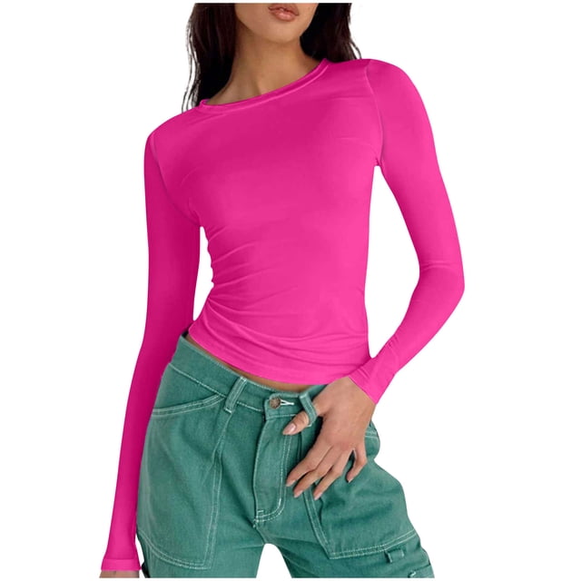 Dealovy Womens Long Sleeve Shirts Crew Neck Basic Crop Tops Slim Fitted Solid Color Going out Tops