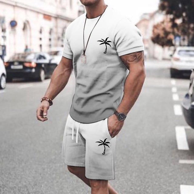 Men's Summer Tracksuit Plus Size Short Sleeve O Neck Athletic Suit Casual Color Block Waist Tracksuit Set