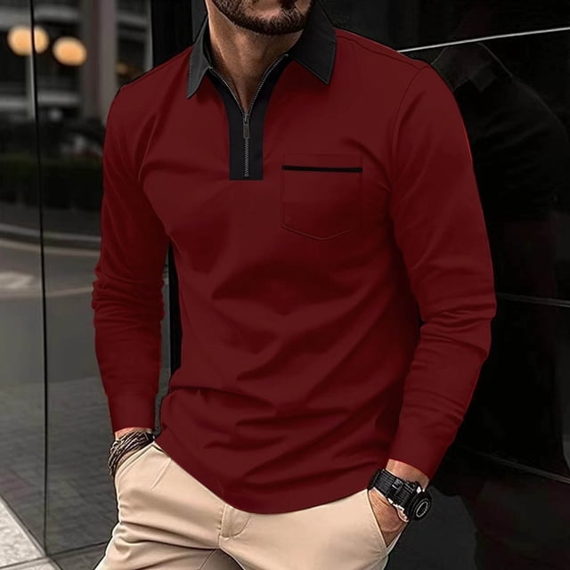 RXIRUCGD Hommes Couleur Unie Poche Manches Longues Col Rabattable Mode Chemise de Balle de Golf Hauts, Rouge, Taille : M