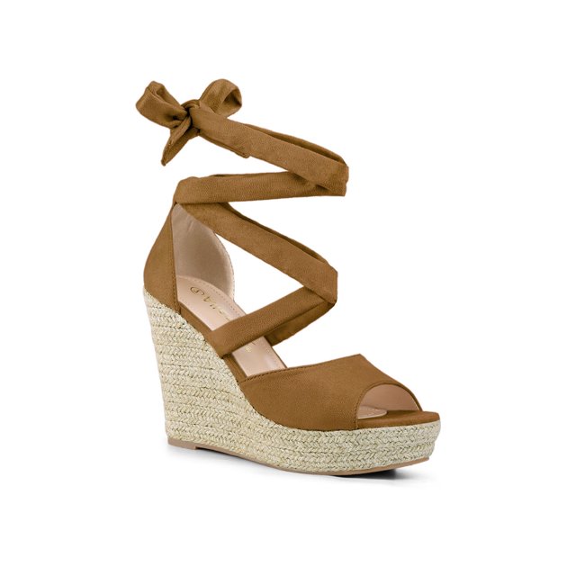 BLISSFUL STEP Chaussures pour Femmes Espadrilles à Lacets Sandales Compensées à Plateforme Brun 10