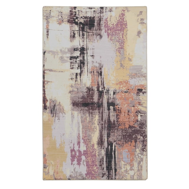 Klarna 5' x 7' washable area rug in ivory and purple featuring an abstract pastel brushstroke pattern in cream, lavender, peach, and muted black, made of stain-resistant polyester with nonslip backing, suitable for high traffic areas and machine washable for easy maintenance.