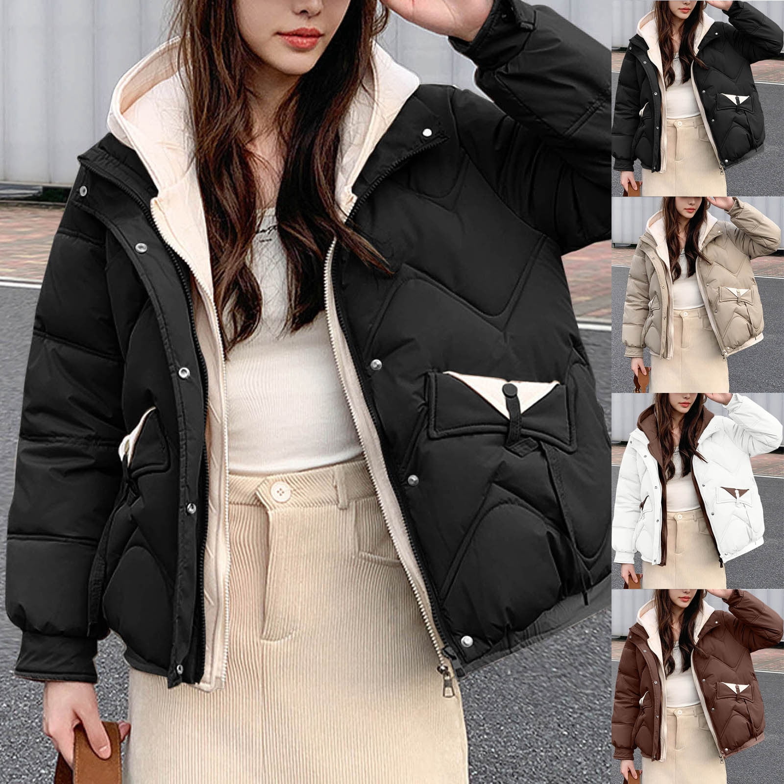 UPPADA Womens Winter Cropped Puffer Jackets Lightweight Quilted Down Jackets Hooded Zip up Short Warm Quilted Puffer Coats Casual Outerwear with Pockets,Puffer Jacket Black,XL