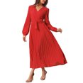 thumbnail image 4 of INSPIRE CHIC Robe Plissée pour Femme à Manches Longues Bouffantes, Col en V, Robe avec Ceinture à la Taille, G Rouge, 4 of 6