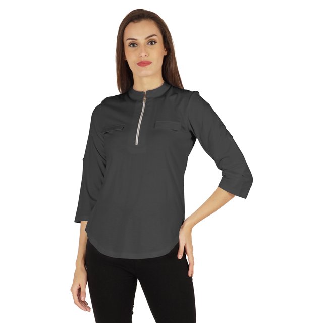 Inkmeso Stylish Mandarin Collar Top For Women Casual Solid Relaxed-Fit Zipper Front Tunic