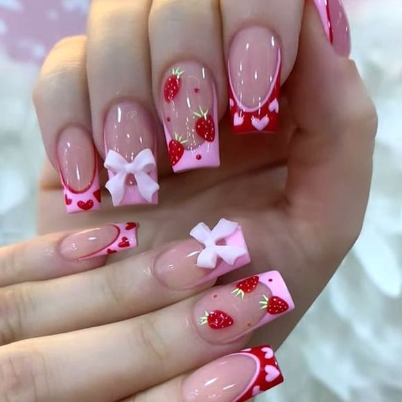 Aursykel Strawberry Bow False Nails Kit 24PCS Press On Fashion Artificial Nail Set with Adhesive Stickers and Tools for Easy DIY Nail Art For Women at Home