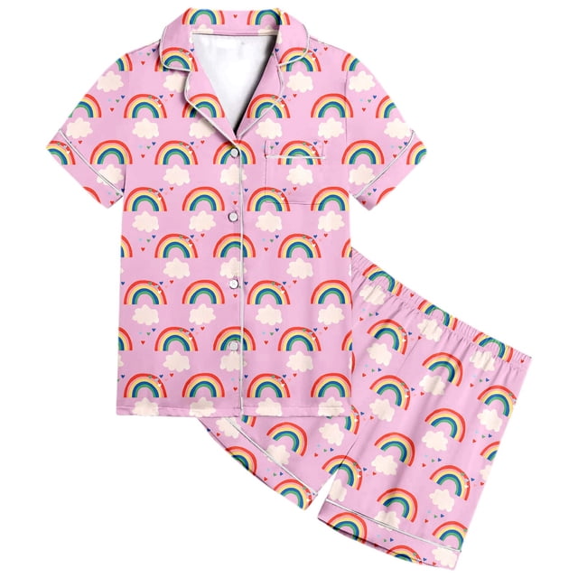 Ensemble de Sommeil Deux Pièces pour Filles, Pyjama à Manches Courtes à Boutons et Short, Imprimé Arc-en-Ciel