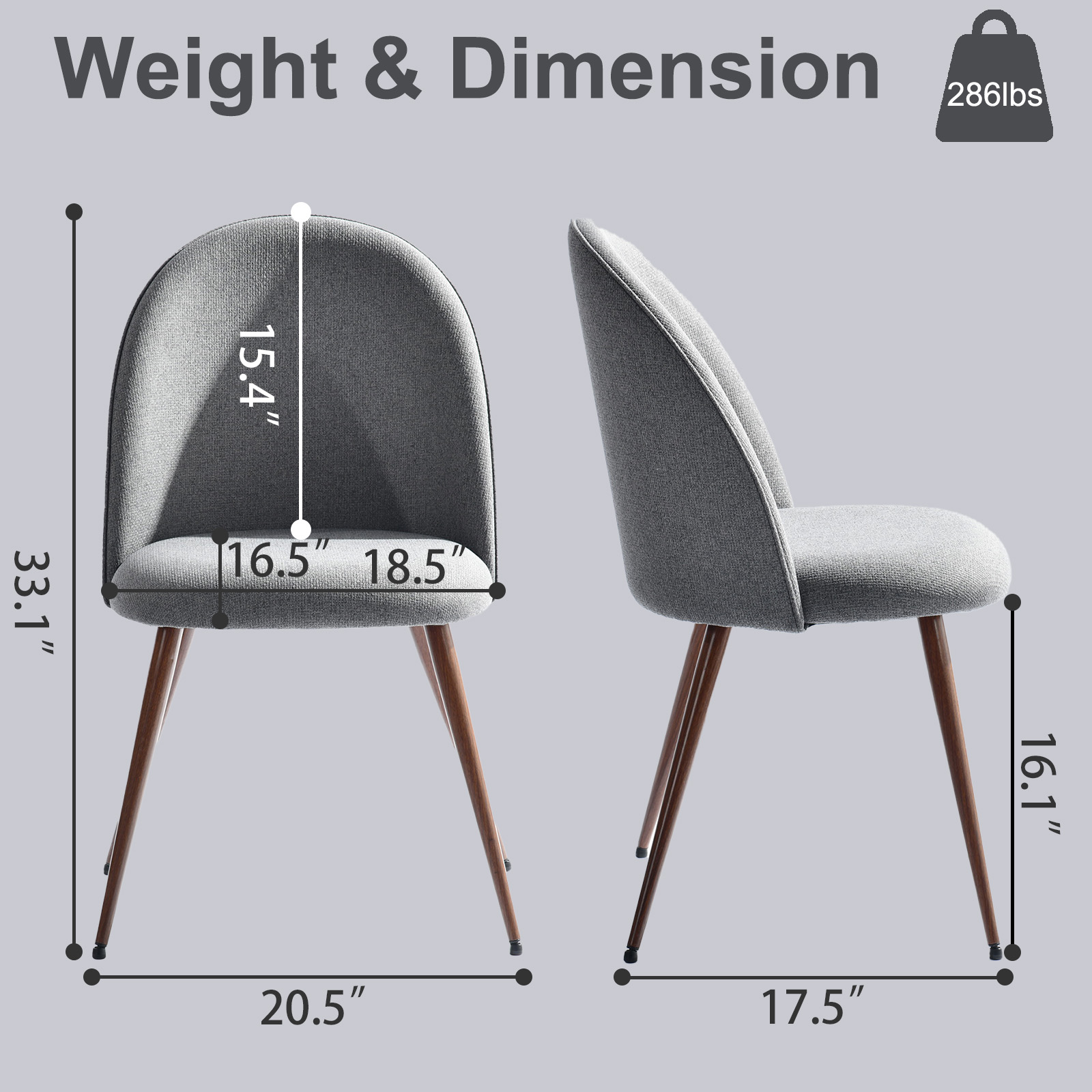 Homy Casa chaises de salle à manger lot de 2, tissu gris, dossier courbé, pieds en métal aspect noyer