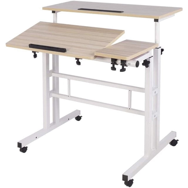 Soges Bureau d'Ordinateur à Hauteur Réglable Poste de Travail Assis-Debout avec Roulettes, Doté d'Une Finition Érable et d'Un Cadre en Métal Enduit de Poudre durable. le Bureau Comprend Trois Plateformes Réglables, avec une surface Inclinable et une Plaque de Blocage pour Empêcher les Articles de Glisser. la Hauteur Est Réglable de 27,6 à 45,3 Pouces, Ce Qui le Rend Adapté à une Utilisation Assise Ou Debout. Équipé de Roulettes pour une Mobilité Facile, Ce Bureau Est Idéal pour la Maison Ou le Bureau comme Bureau d'Écriture, Bureau pour Portable Ou Poste de Travail