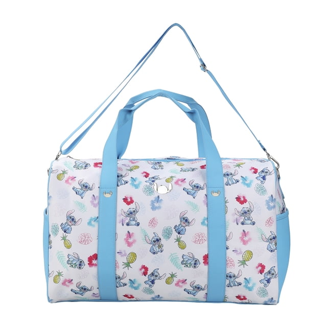 Disney Stitch Tropical Pattern White Duffel Bag with Blue Straps centered front view of a white nylon carryall printed with colourful tropical motifs and repeated Stitch illustrations, pineapples and palm leaves, two reinforced blue handles and a spacious interior ideal for travel, gym or beach towel storage.