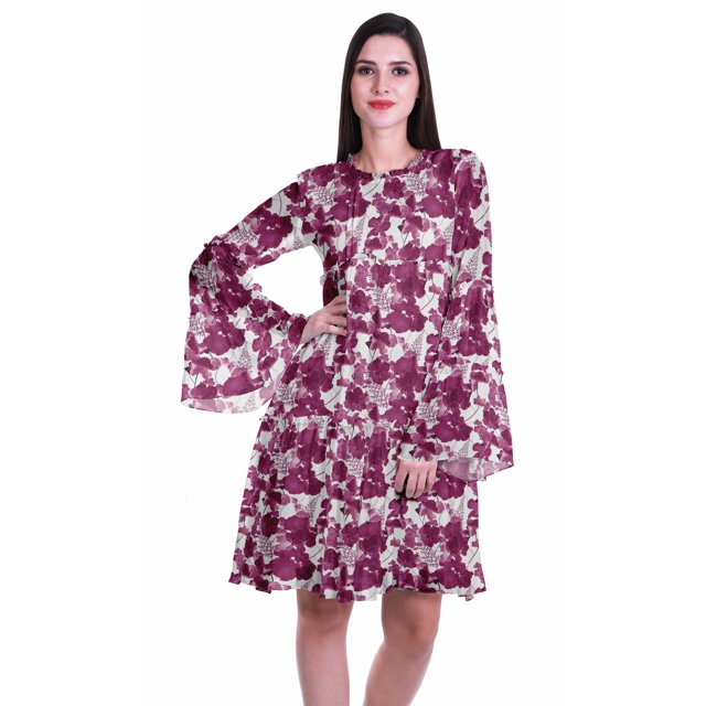 Moomaya Robe d'Été Fluide à Manches Longues Imprimée pour Femmes, Longueur Genou, Évasée