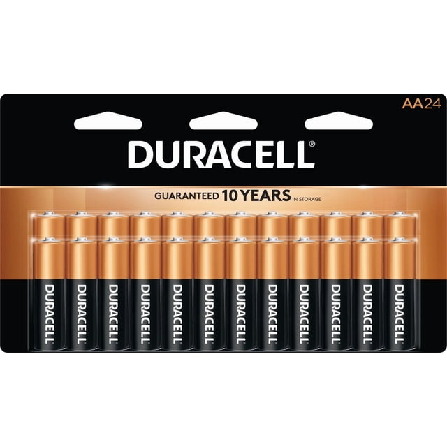Duracell 1.5V Coppertop Alkaline AA Batteries, 24 Pack pack of 24 AA cells shown front-facing with copper tops and black bodies, Duracell branding and quantity label visible, 1.5V alkaline cells for everyday devices such as remotes, toys, flashlights and wireless mice; often kept as spare power for travel.
