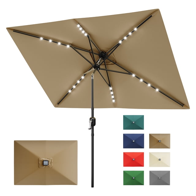 Garvee 10' x 6.5' Solar Patio Umbrella,Table Umbrella ,Crank & Push Button Tilt,6 Sturdy Ribs,Brown