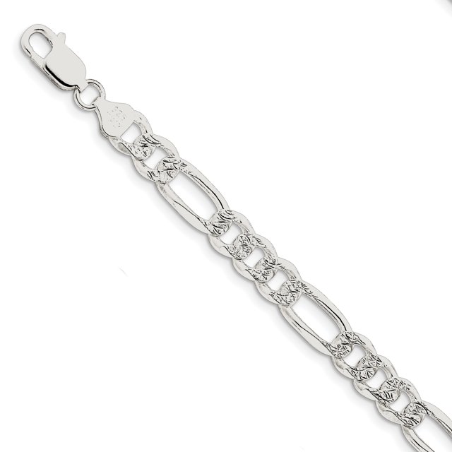 925 Sterling Silver 8mm Pave Flat Figaro Chain Bracelet
