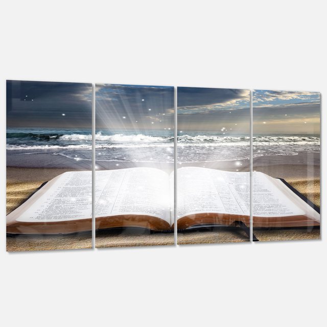 Designart - Jesus Bible at beach - Religious Art on Wrapped Canvas set
