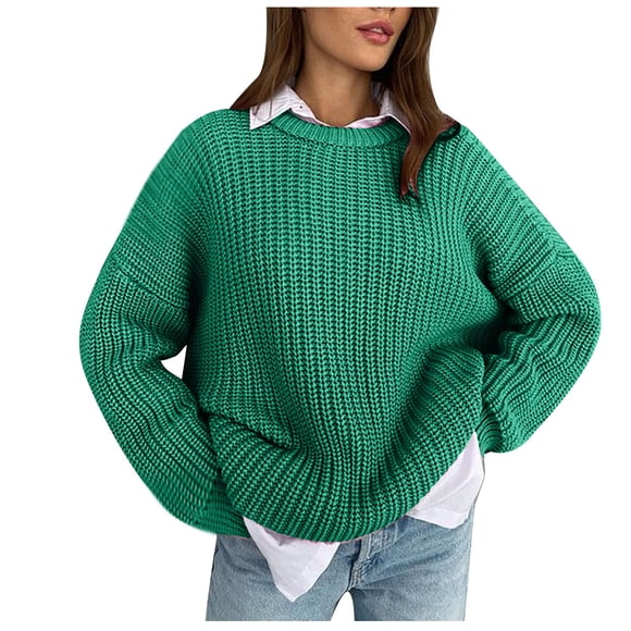Mrat Womens Cute Pullover Sweater Women's Sweater New Loose Round Neck Solid Color Long-Sleeved Lazy Style Knitted Sweater Knitted Sweater Women Long Sleeve S-143 Green XL
