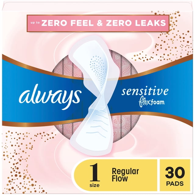 Always Sensitive avec Coussinets en FlexFoam, Taille 1, Débit Régulier, Boîte de 30 Unités avec Emballage Rose et Bleu Montrant une Serviette Menstruelle Blanche avec Ailes et perforations, Conçue pour Zéro Fuite, Sensation Zéro et protection Respirante pour Peau Sensible.