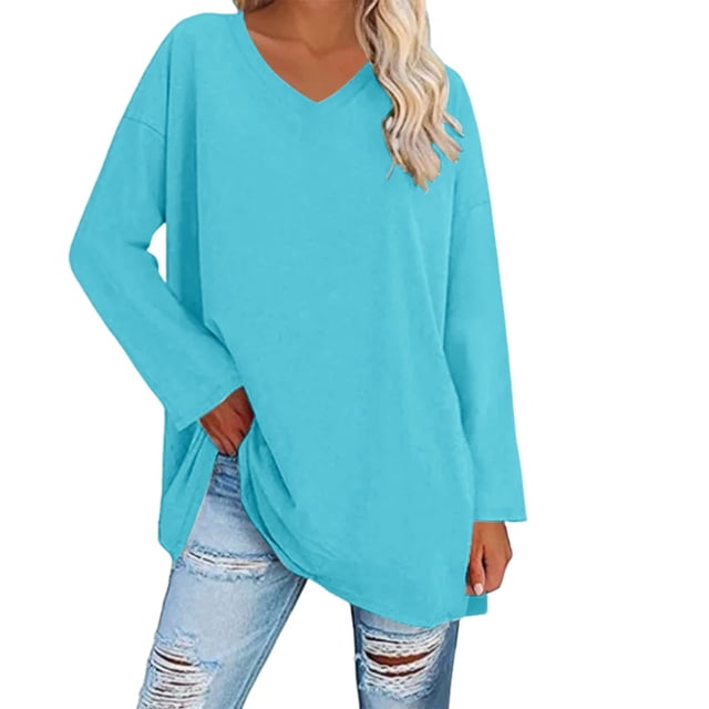 Breezora Tunique à Col Rond Oversize pour Femmes, Manches Longues, Chemise Rayée, Blouse Douce à Coupe Ample, Tenue Décontractée Décontractée, Confort Quotidien 2026, Taille g, Bleu