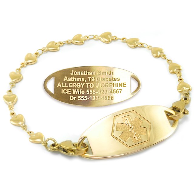 MedicEngraved Yellow Gold Stainless Steel Custom Medical Alert Bracelet - 5mm Heart Link