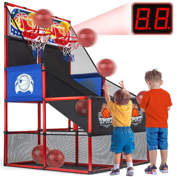 2 in 1 Dual Basketball Arcade Game Indoor/Outdoor With LED Scoring and Sound, Sport Play Toy Includes 6 Balls & Instruction & Pump For Tee