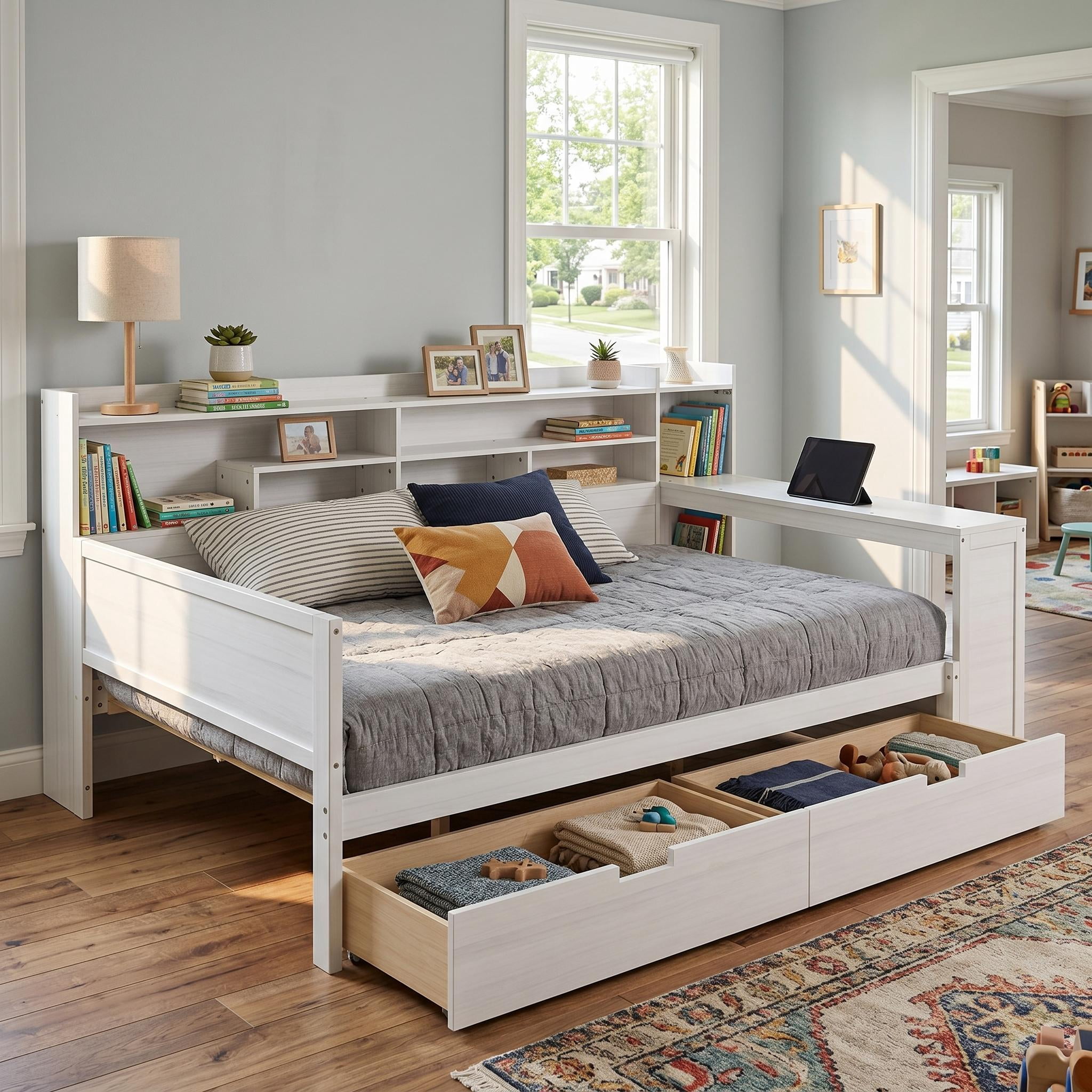 Homy Casa lit double 91,3 po avec tête de lit rangement, tiroirs et bureau latéral pour chambre d’enfant, blanc