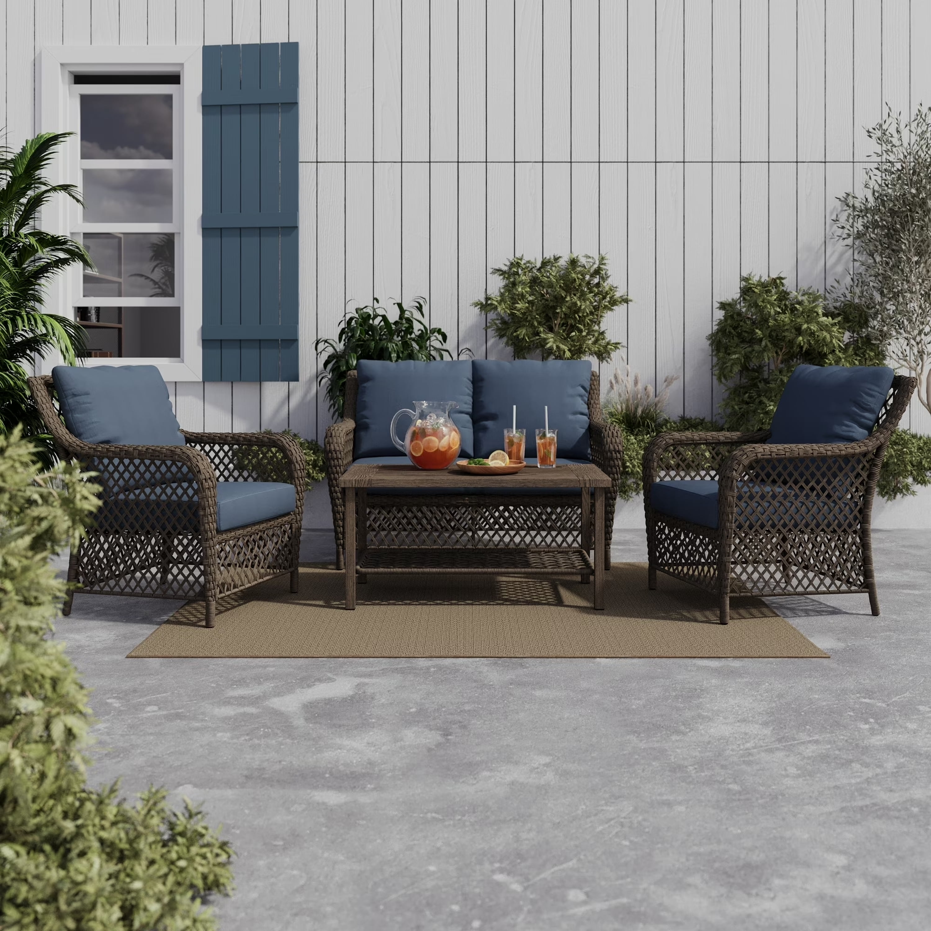 HOMETRENDS Belmont 4-Piece Steel Outdoor Conversation Set with Cushions, Navy