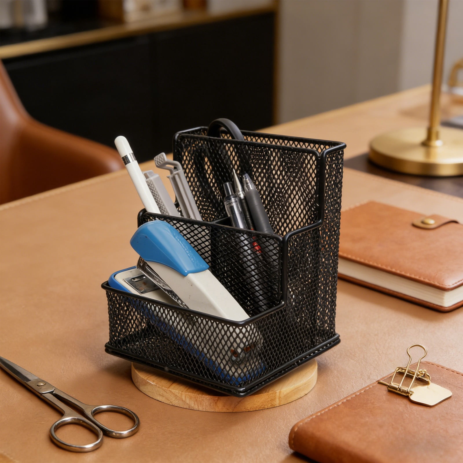 Fufafayo Rotating Mesh Desk Organizer, 4-Compartment Pen Holder Cosmetic Storage Caddy, Office Desk Organizer for Pencils Makeup Brushes, Rotating Organizer for Vanity Desk Office Home