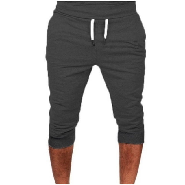 Posijego Men's Capri Joggers Drawstring Elastic Waist Sports Running Shorts Solid Color Casual Shorts