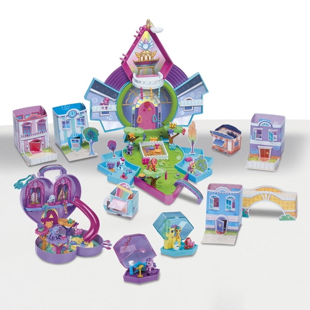 My Little Pony Mini World Magic Mini Equestria Collection Set with over 120 pieces including 9 one-inch pony figures, four carrying case playsets, paper scene buildings, and scene-building accessories arranged on a white background, suitable for imaginative doll playsets and customizable miniature scenes.