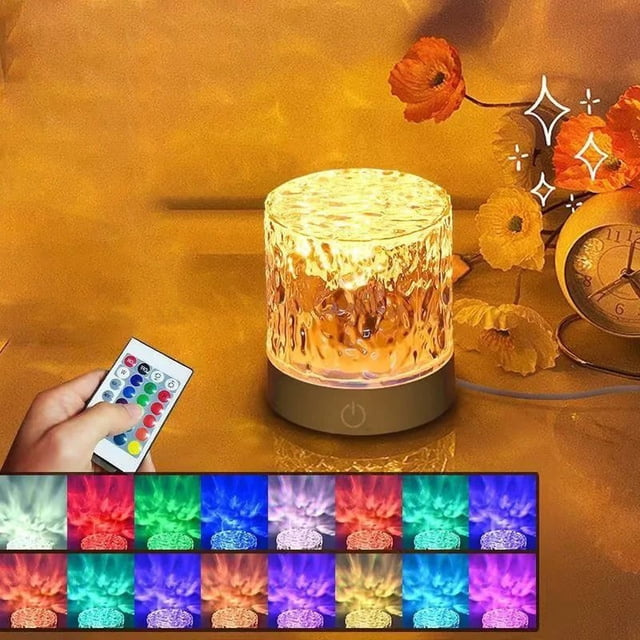 Rotating Flame Effect Water Lamp | 16-Color Wireless Rechargeable Table Lamp for Bedroom, Bedside, or Living Room | Dimmable Mood Lighting, 1200mAh Battery, USB Fast Charging, Fade & Adjustable