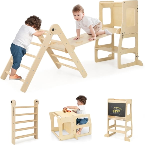 OLAKIDS Jouets d'Escalade pour Tout-Petits, 7 en 1 Gymnase Montessori Jungle en Bois Pliable Pikler avec Tour pour Tout-Petit, Échelle à Angle Réglable, Rampe, Glissade, Ensemble de Triangle d'Escalade pour Aire de Jeux Intérieure pour Enfants