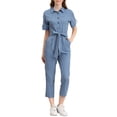 thumbnail image 2 of Unique Bargains Combinaison Pantalon pour Femme à Col Rabattu, Boutonnée, Taille à Nouer, Bleu, TP, 2 of 8